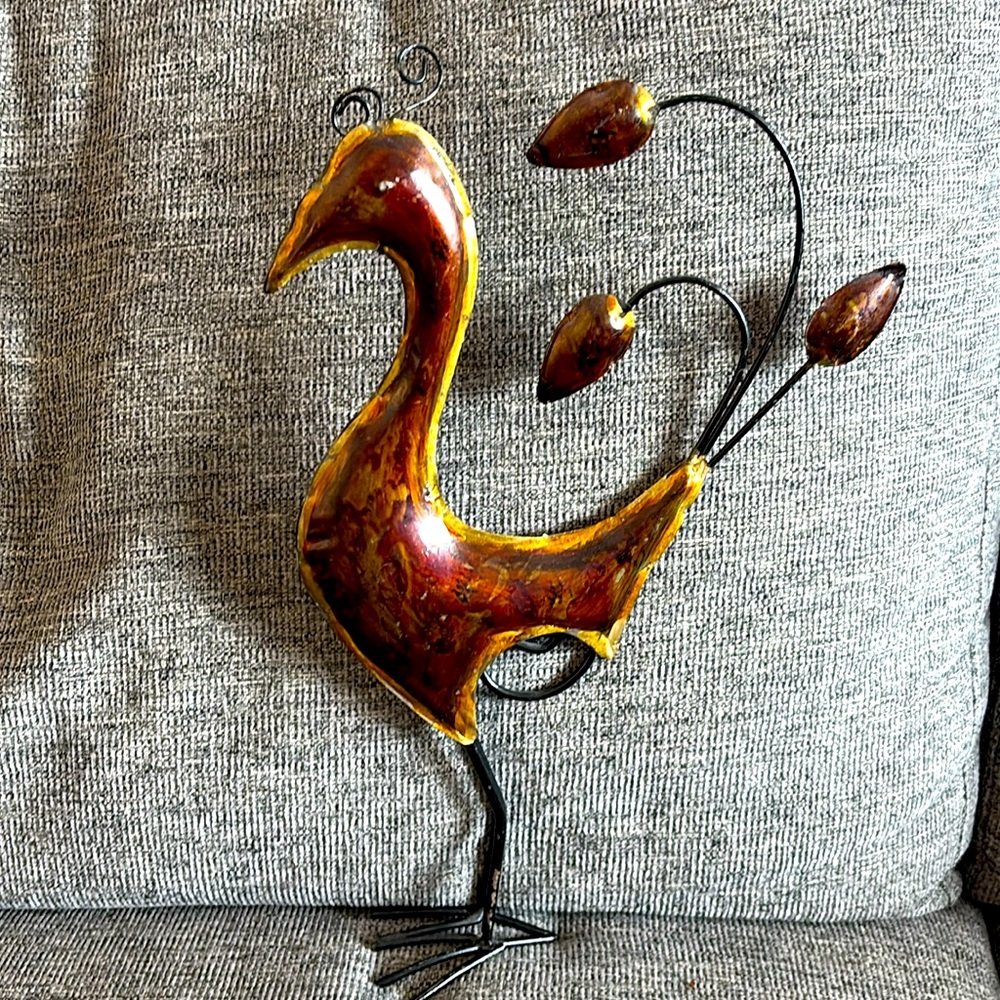 PEACOCK FIGURINE 12" Copper Sculpture Black Iron Bird Chicken Rooster - Picture 2 of 6